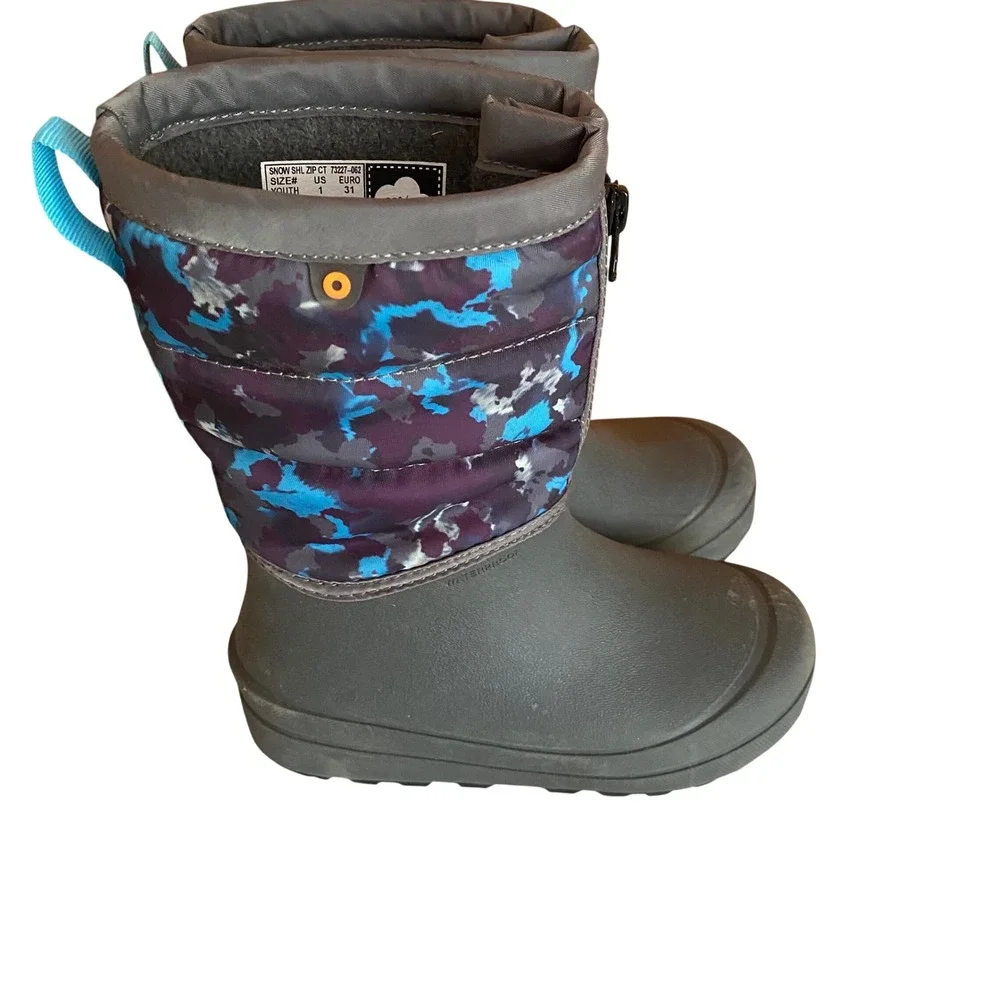 Bogs Snow Boots Youth 1 Winter Boots Gray Blue Waterproof Flaw